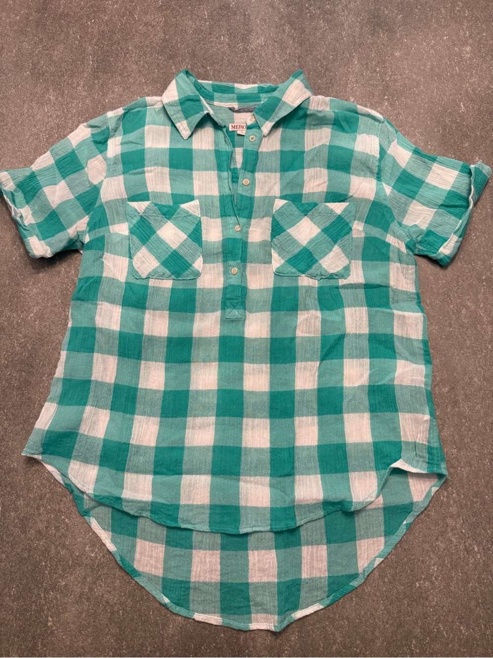 EUC Women’s Merona Green White Gingham 100% Cotton Shortsleeve Shirt Size L